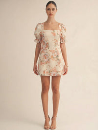 JUST ME WOMEN'S SHORT PUFF SLEEVE SQUARE NECK SMOCK FLORAL MINI DRESS
