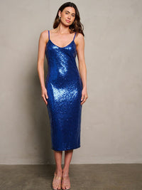 WOMEN'S SLEEVELESS V-NECK SEQUINS BODYCON MIDI DRESS