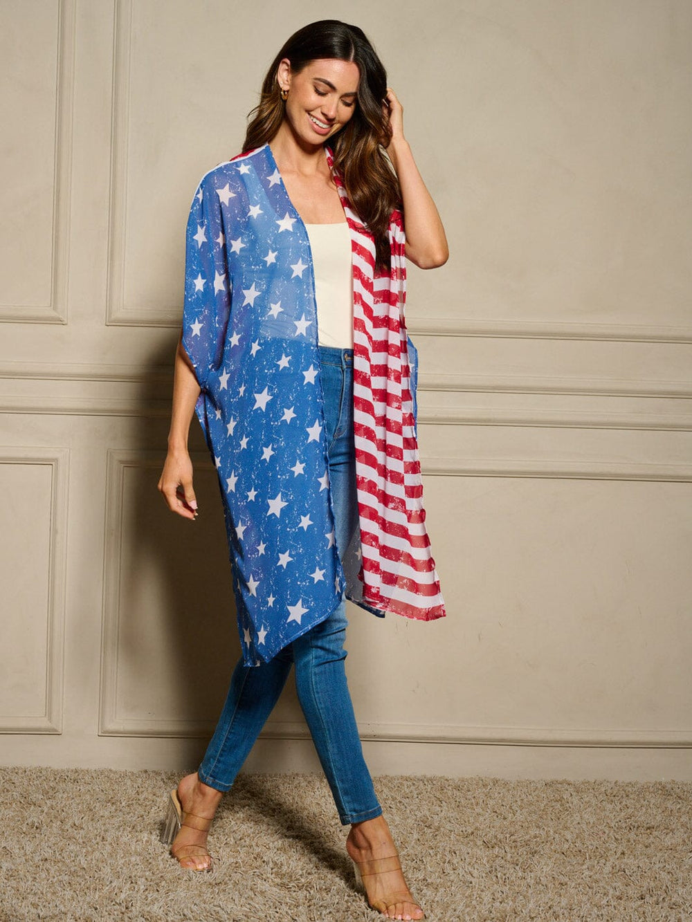 WOMEN'S SHORT SLEEVE OPEN FRONT AMERICAN FLAG PRINT KIMONO