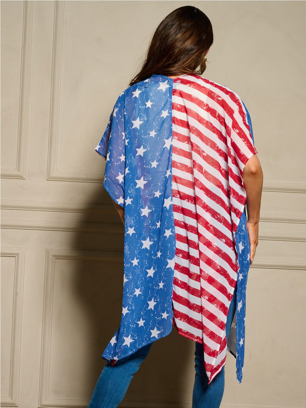 WOMEN'S SHORT SLEEVE OPEN FRONT AMERICAN FLAG PRINT KIMONO