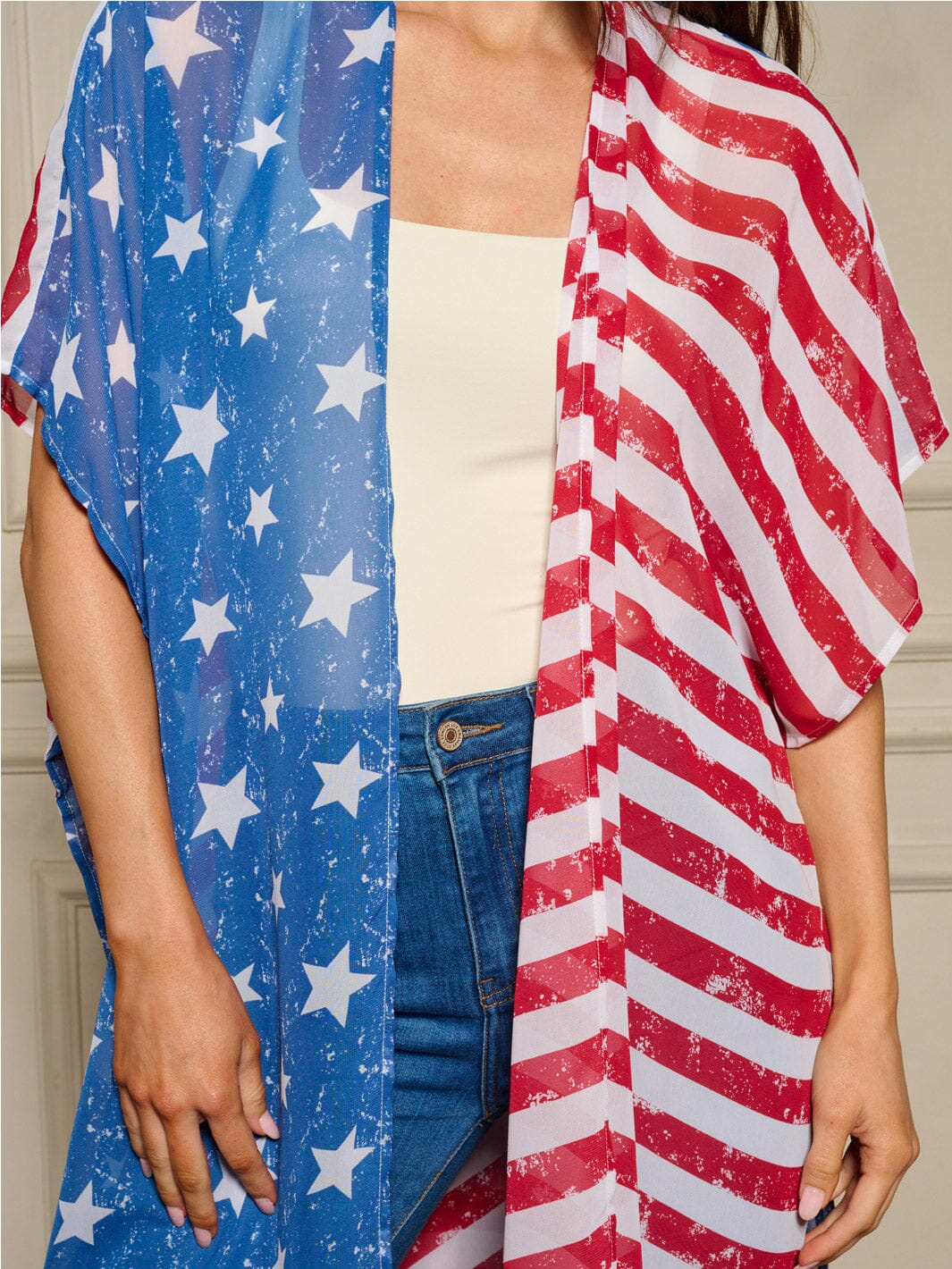 WOMEN'S SHORT SLEEVE OPEN FRONT AMERICAN FLAG PRINT KIMONO
