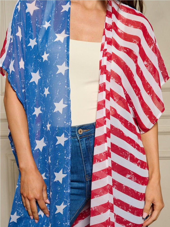 WOMEN'S SHORT SLEEVE OPEN FRONT AMERICAN FLAG PRINT KIMONO