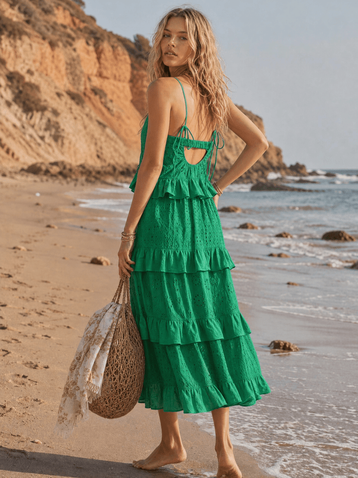 WOMEN'S SLEEVELESS OPEN BACK RUFFLE TIERED EMBROIDERY EYELET MAXI DRESS