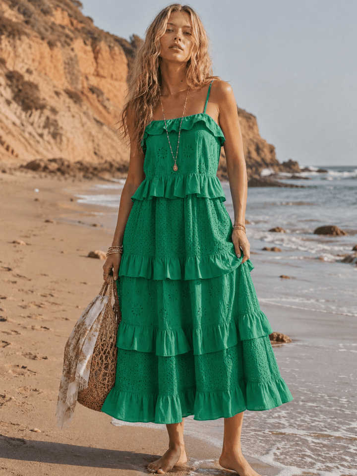 WOMEN'S SLEEVELESS OPEN BACK RUFFLE TIERED EMBROIDERY EYELET MAXI DRESS