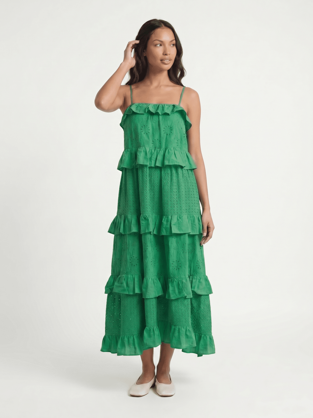 WOMEN'S SLEEVELESS OPEN BACK RUFFLE TIERED EMBROIDERY EYELET MAXI DRESS