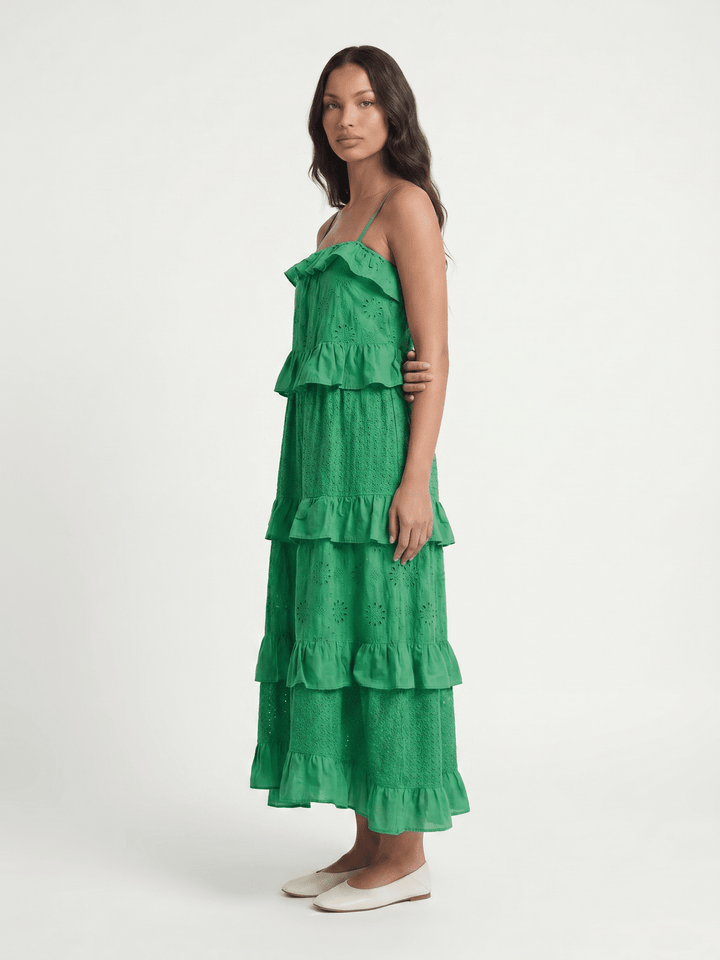 WOMEN'S SLEEVELESS OPEN BACK RUFFLE TIERED EMBROIDERY EYELET MAXI DRESS