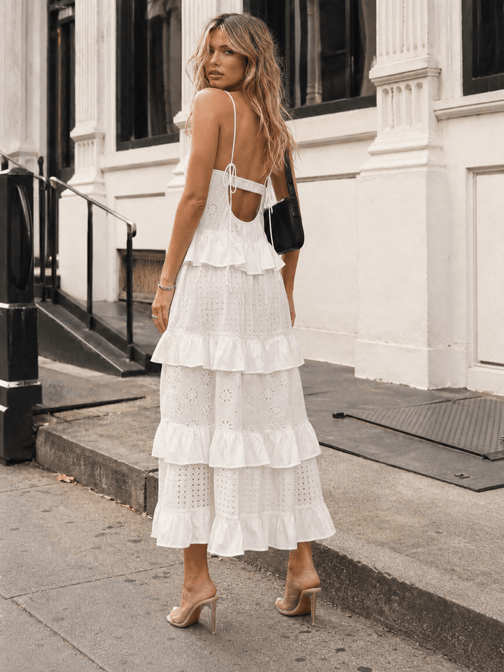 WOMEN'S SLEEVELESS OPEN BACK RUFFLE TIERED EMBROIDERY EYELET MAXI DRESS