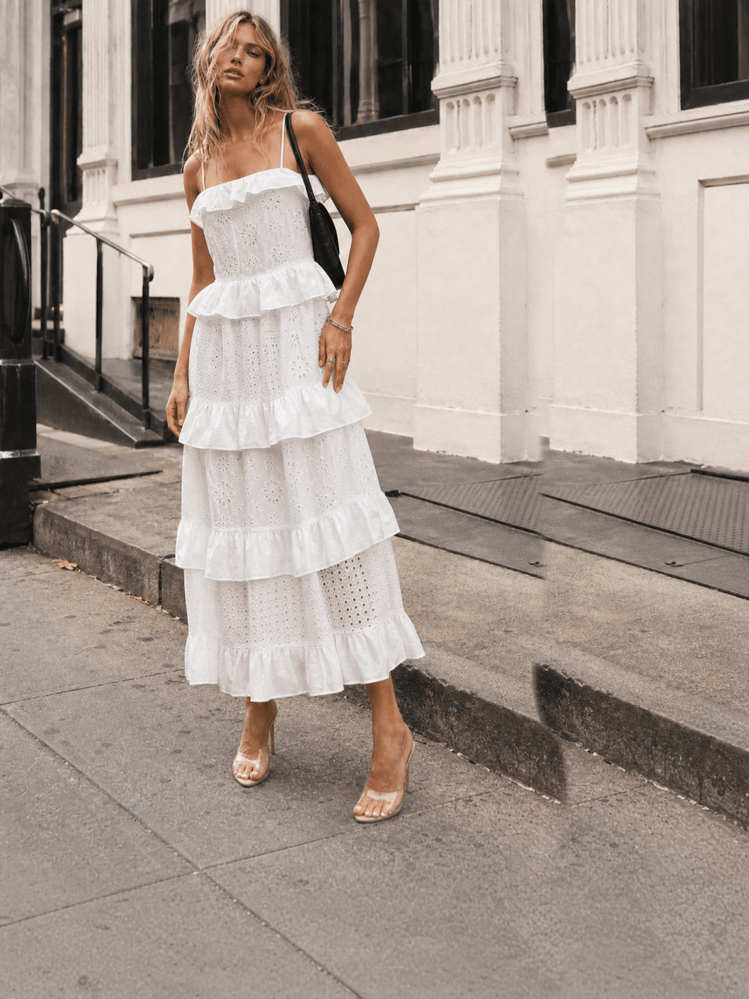 WOMEN'S SLEEVELESS OPEN BACK RUFFLE TIERED EMBROIDERY EYELET MAXI DRESS