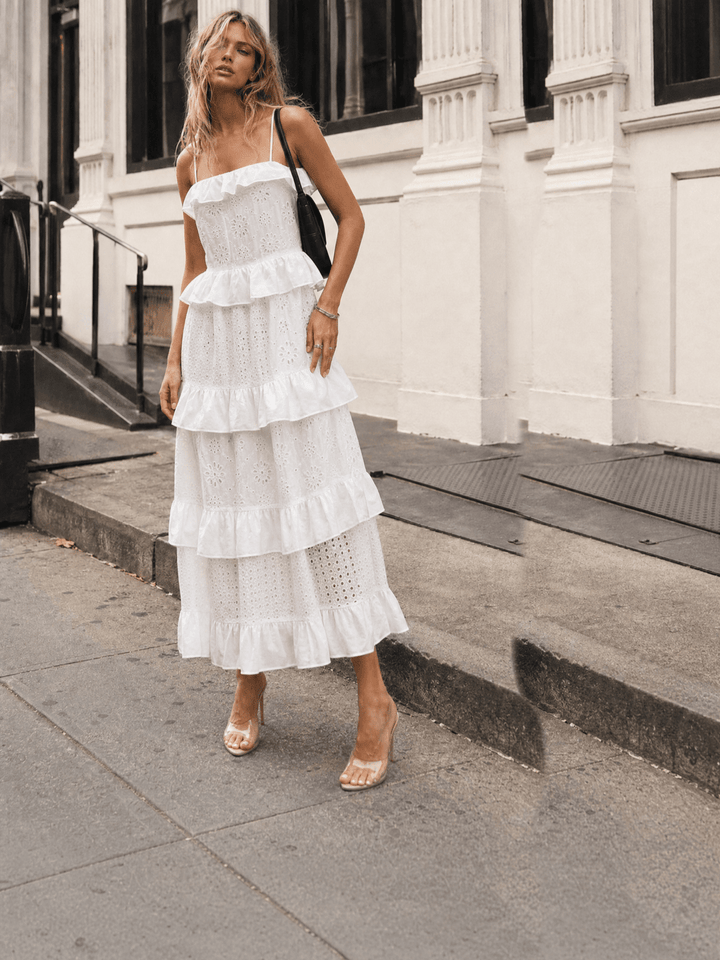 WOMEN'S SLEEVELESS OPEN BACK RUFFLE TIERED EMBROIDERY EYELET MAXI DRESS