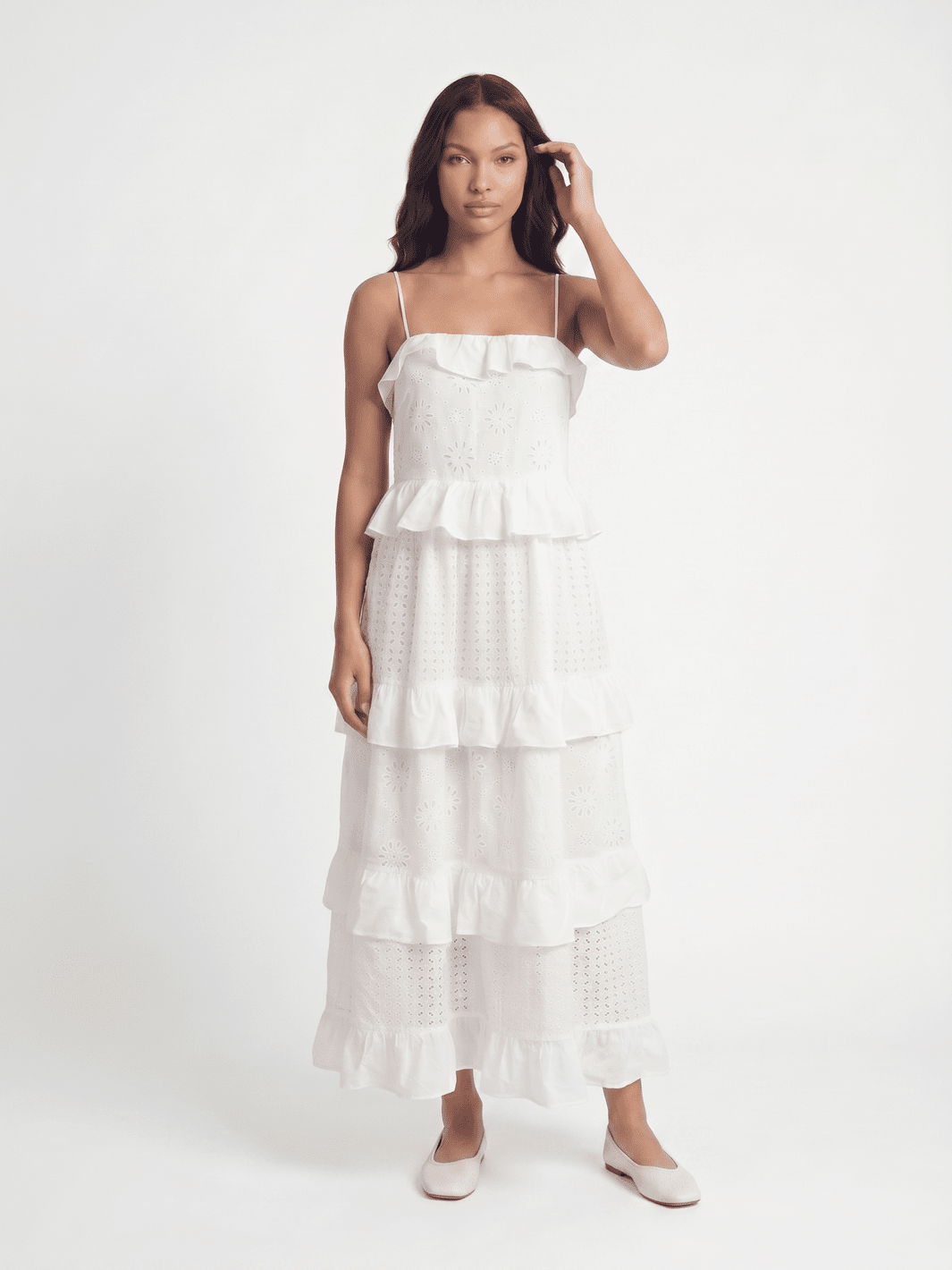 WOMEN'S SLEEVELESS OPEN BACK RUFFLE TIERED EMBROIDERY EYELET MAXI DRESS