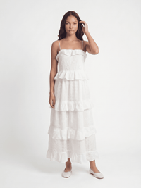 WOMEN'S SLEEVELESS OPEN BACK RUFFLE TIERED EMBROIDERY EYELET MAXI DRESS