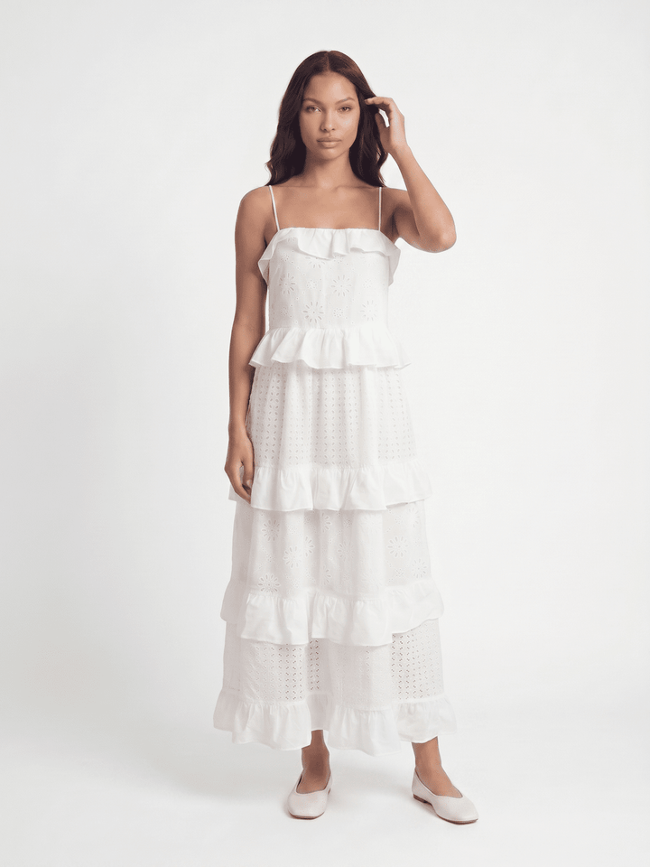 WOMEN'S SLEEVELESS OPEN BACK RUFFLE TIERED EMBROIDERY EYELET MAXI DRESS