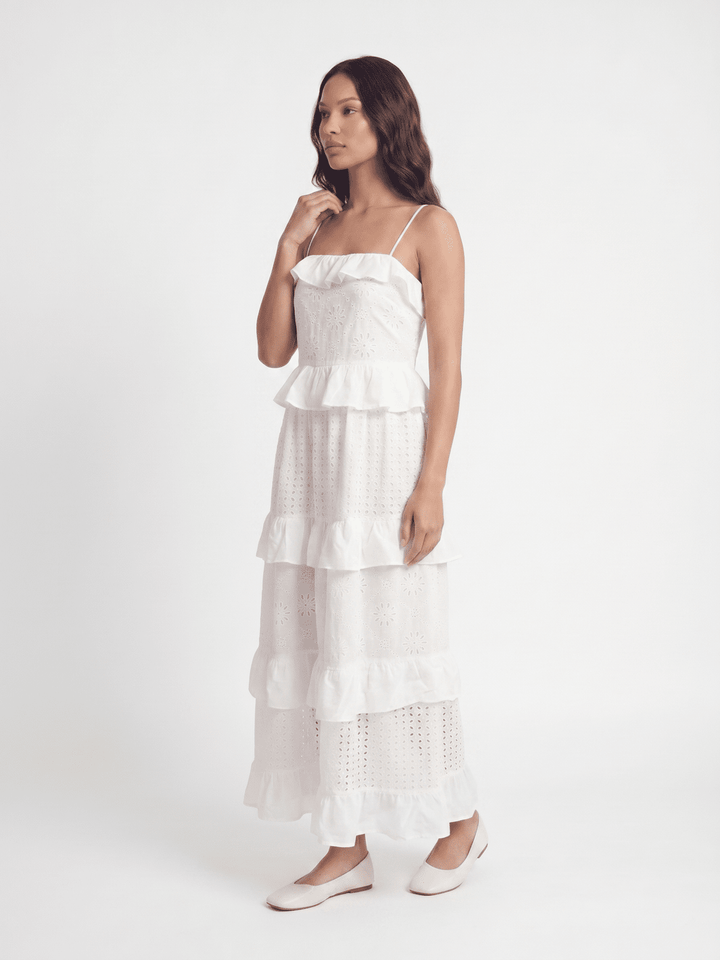 WOMEN'S SLEEVELESS OPEN BACK RUFFLE TIERED EMBROIDERY EYELET MAXI DRESS
