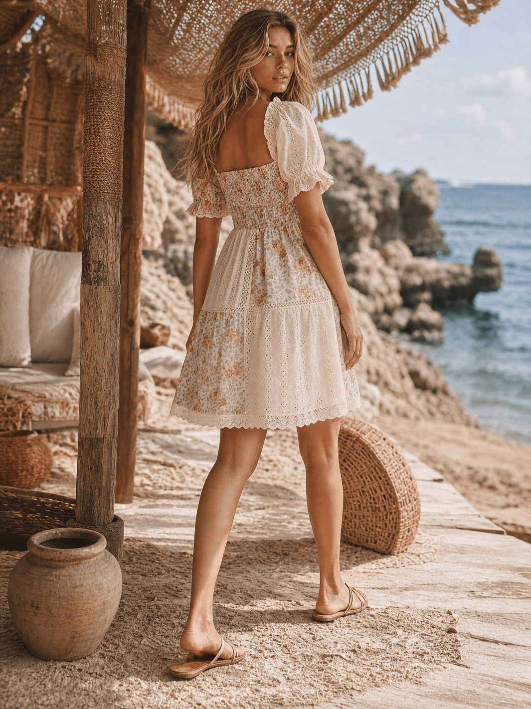 WOMEN'S SHORT PUFF SLEEVE V-NECK FLORAL EYELET CONTRAST TIERED MINI DRESS