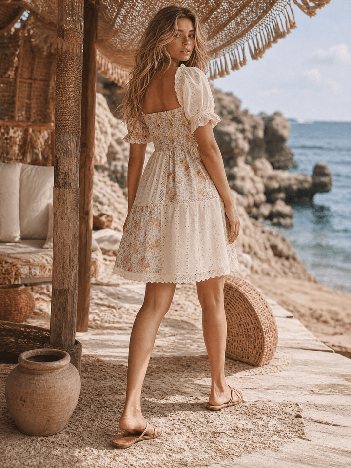 WOMEN'S SHORT PUFF SLEEVE V-NECK FLORAL EYELET CONTRAST TIERED MINI DRESS