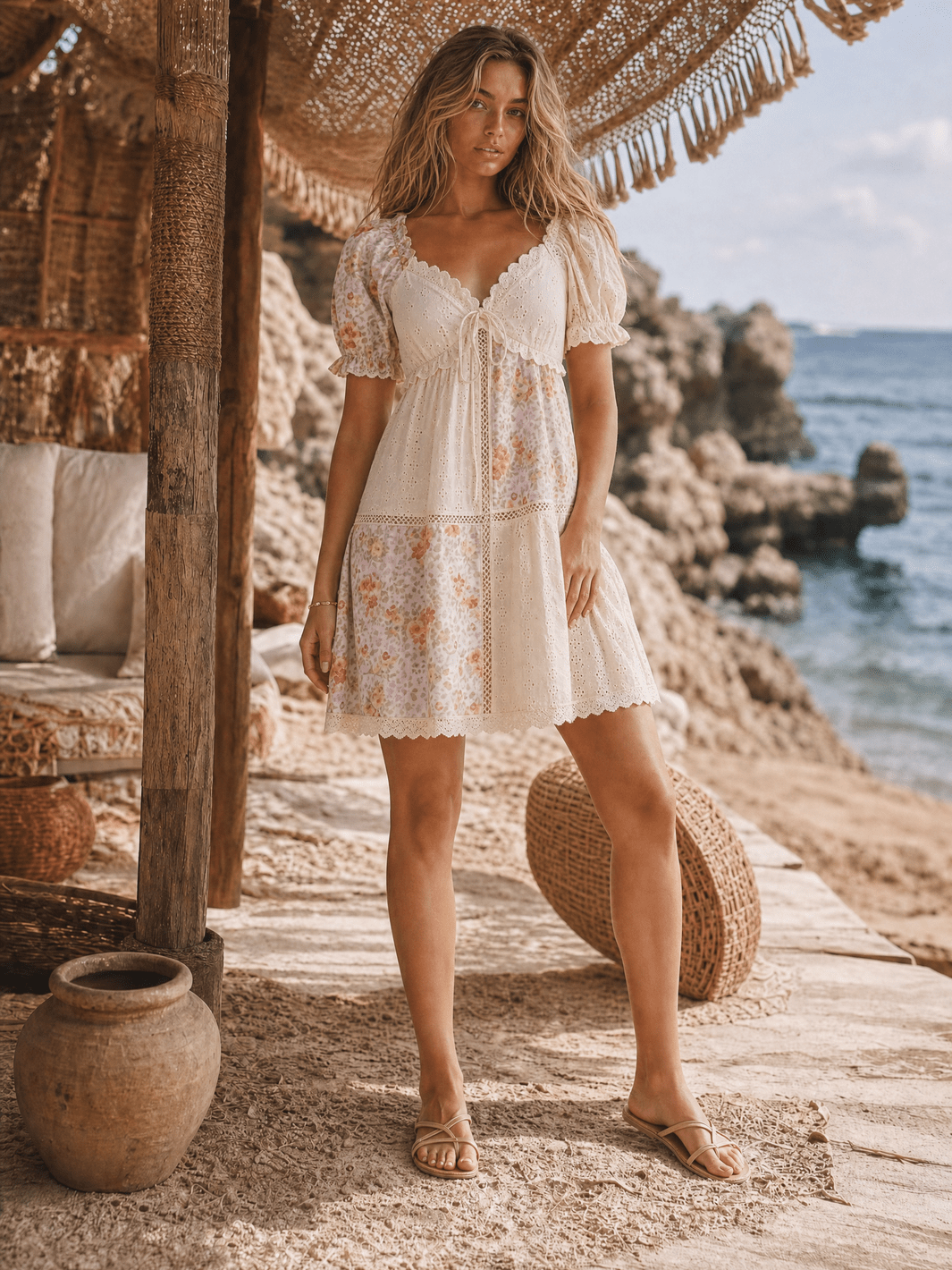 WOMEN'S SHORT PUFF SLEEVE V-NECK FLORAL EYELET CONTRAST TIERED MINI DRESS
