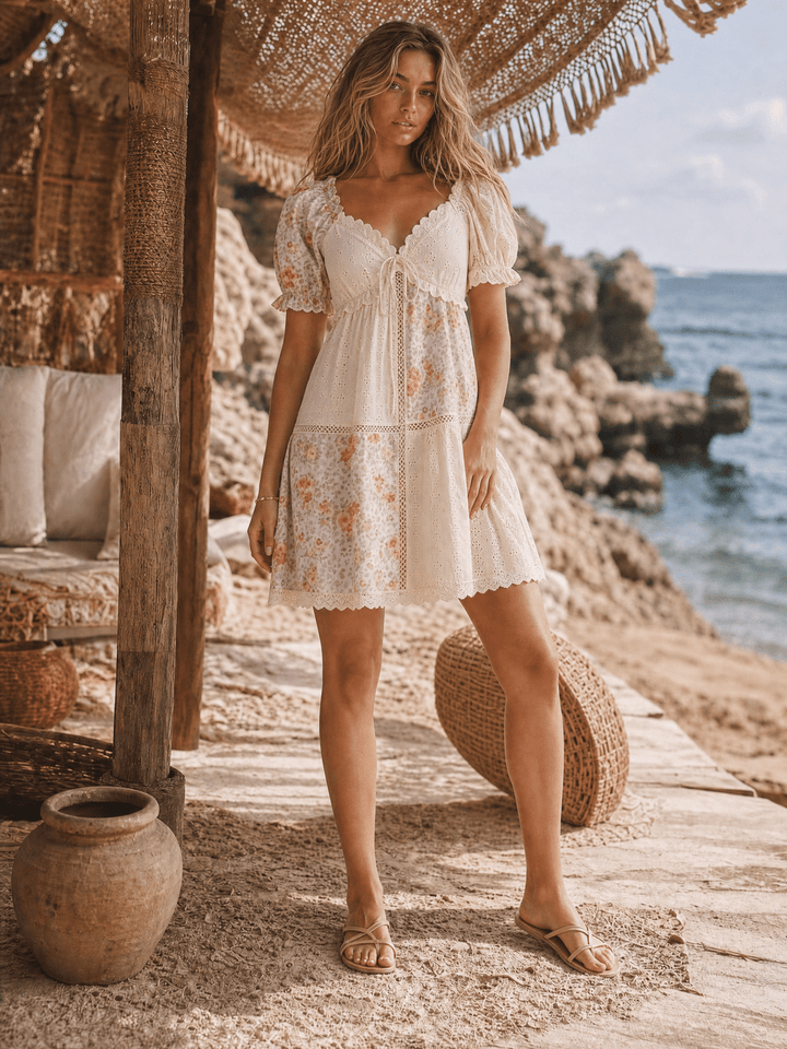 WOMEN'S SHORT PUFF SLEEVE V-NECK FLORAL EYELET CONTRAST TIERED MINI DRESS