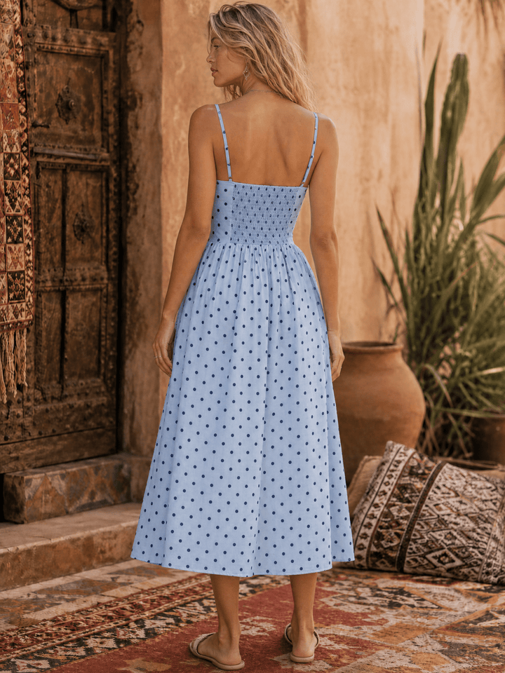 WOMEN'S SLEEVELESS SMOCK POCKETS BOWS POLKA DOTS FIT & FLARE MAXI DRESS