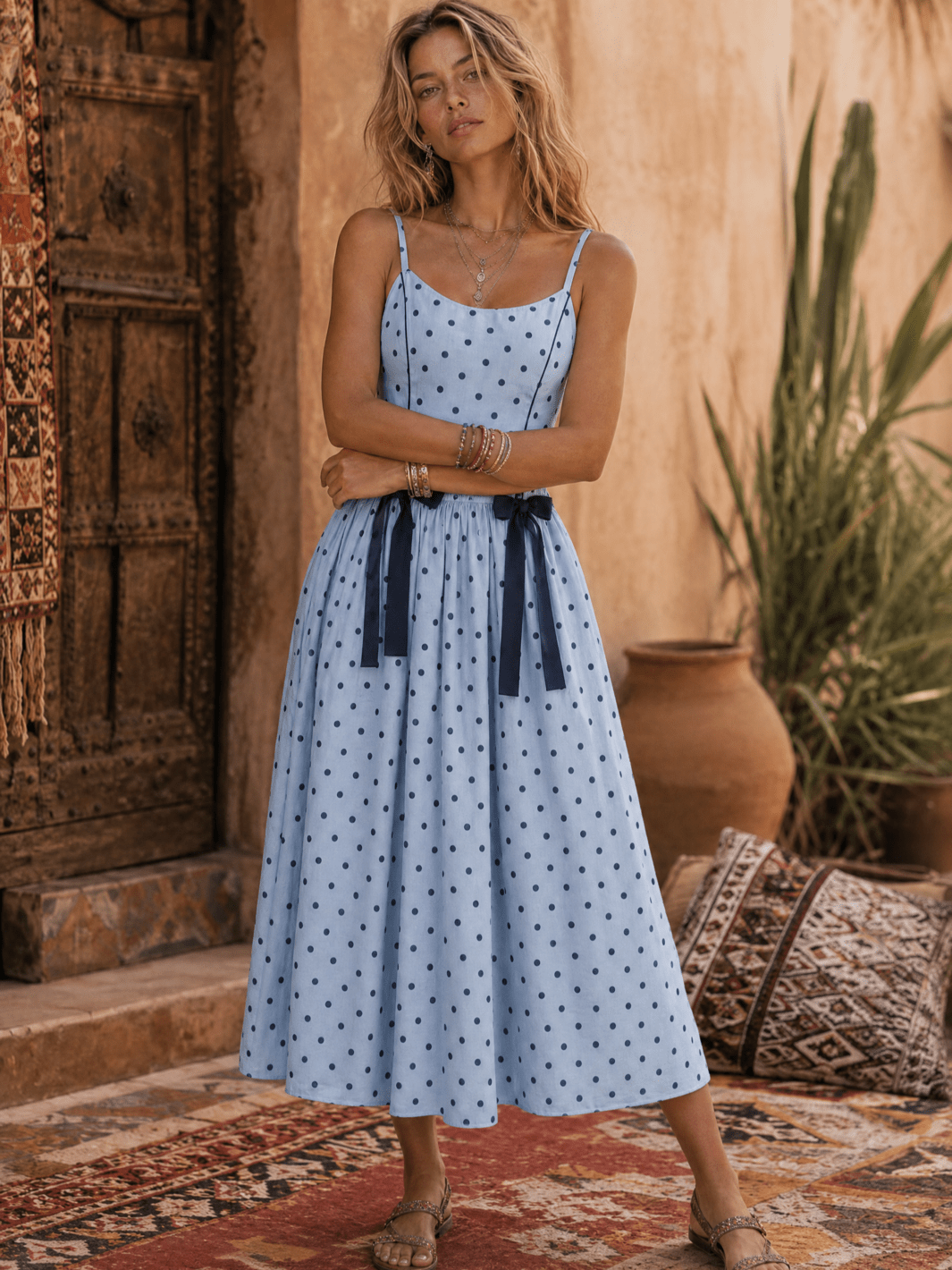 WOMEN'S SLEEVELESS SMOCK POCKETS BOWS POLKA DOTS FIT & FLARE MAXI DRESS