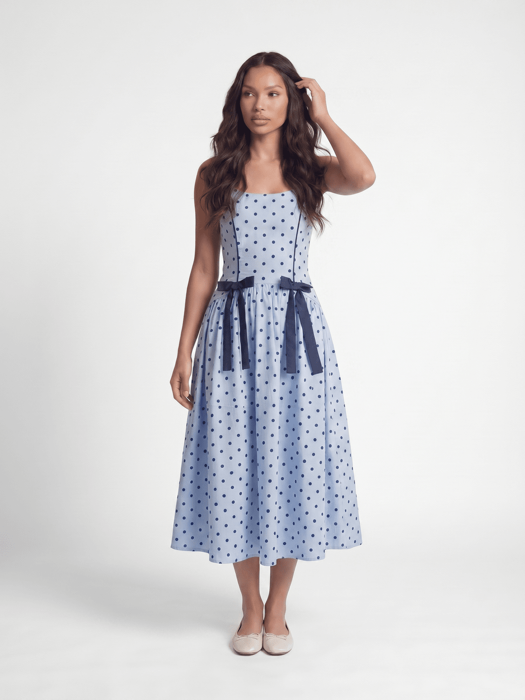 WOMEN'S SLEEVELESS SMOCK POCKETS BOWS POLKA DOTS FIT & FLARE MAXI DRESS