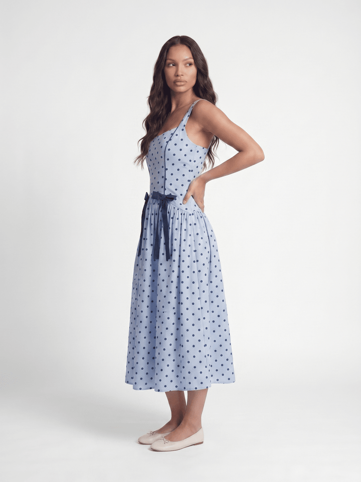 WOMEN'S SLEEVELESS SMOCK POCKETS BOWS POLKA DOTS FIT & FLARE MAXI DRESS