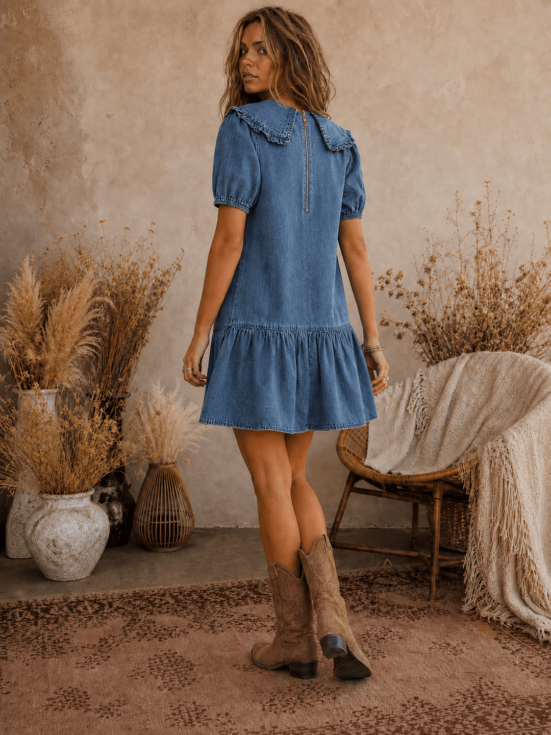 WOMEN'S SHORT SLEEVE POCKETS DENIM MINI DRESS