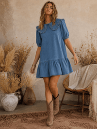 WOMEN'S SHORT SLEEVE POCKETS DENIM MINI DRESS