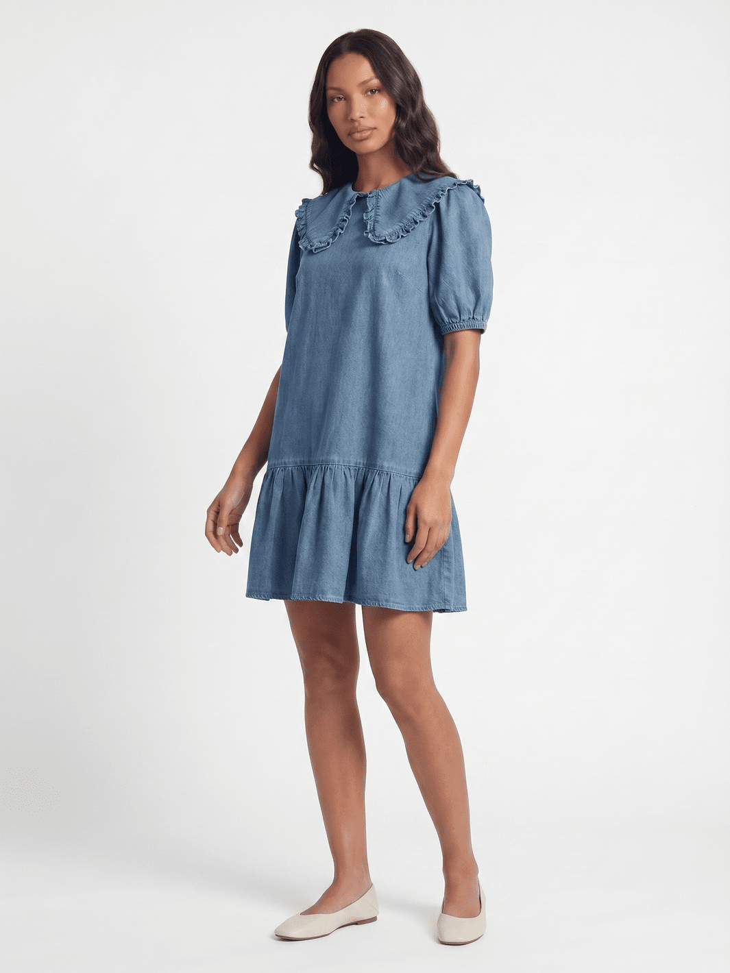WOMEN'S SHORT SLEEVE POCKETS DENIM MINI DRESS