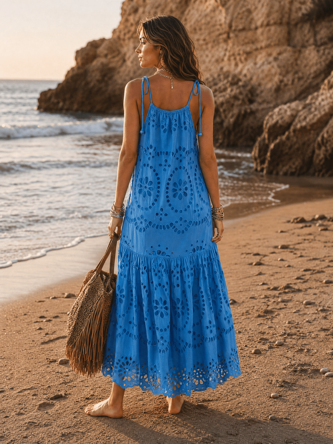WOMEN'S SLEEVELESS HALTER NECK POCKETS TIERED EMBROIDERY EYELET MAXI DRESS