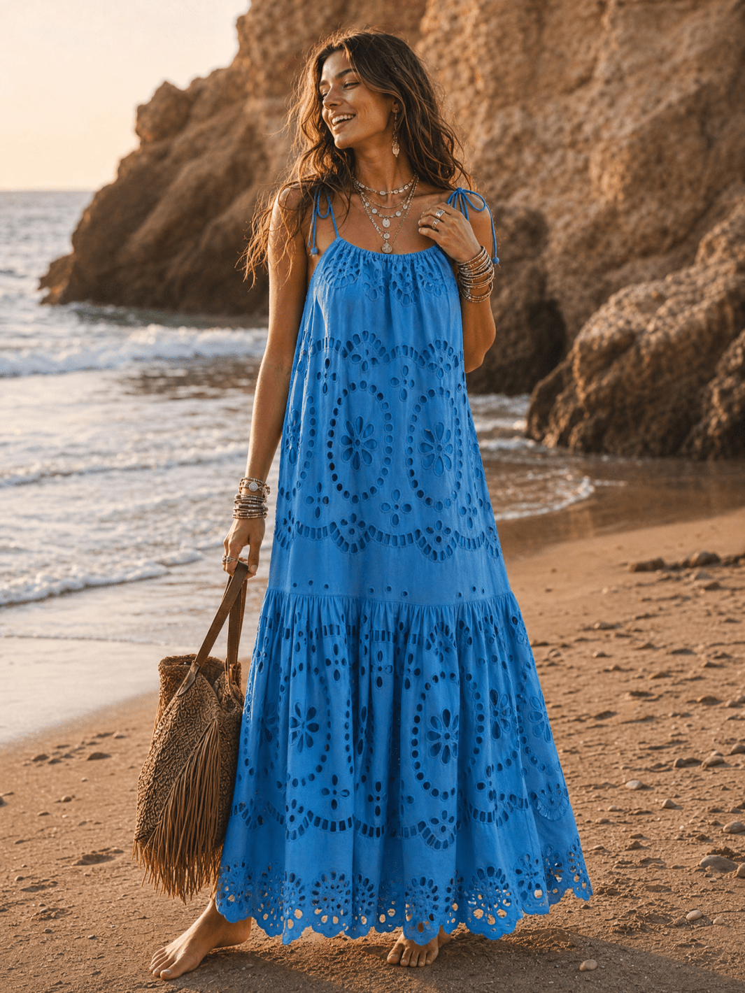 WOMEN'S SLEEVELESS HALTER NECK POCKETS TIERED EMBROIDERY EYELET MAXI DRESS