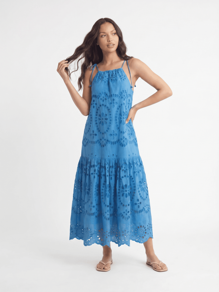 WOMEN'S SLEEVELESS HALTER NECK POCKETS TIERED EMBROIDERY EYELET MAXI DRESS