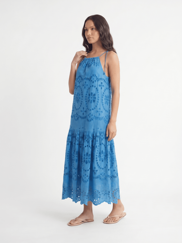 WOMEN'S SLEEVELESS HALTER NECK POCKETS TIERED EMBROIDERY EYELET MAXI DRESS