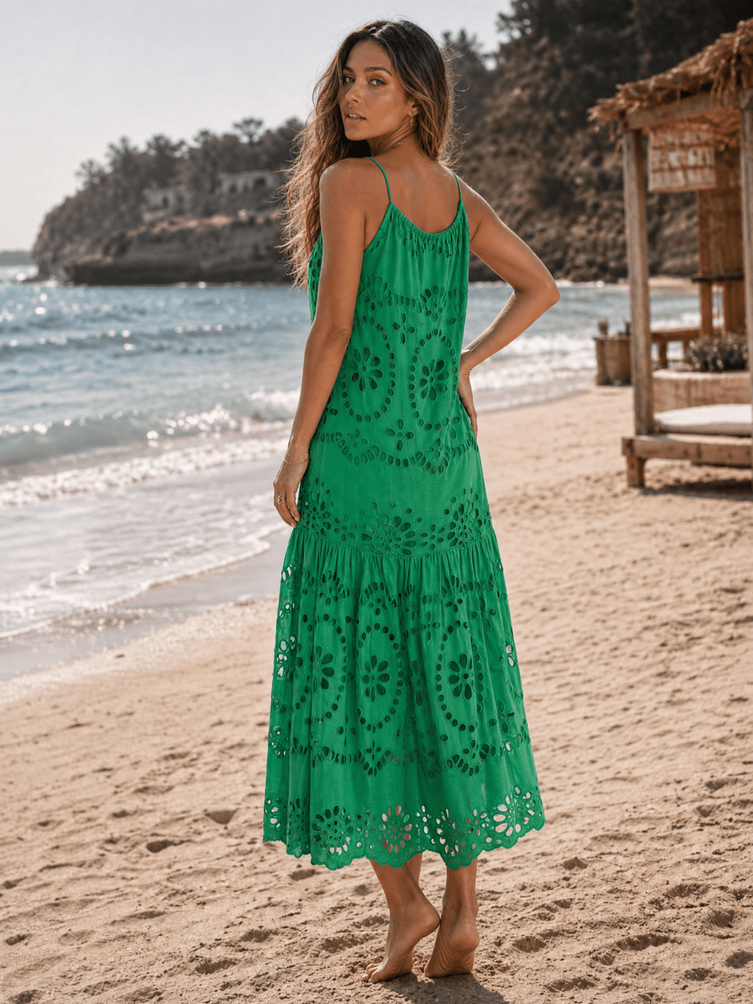 WOMEN'S SLEEVELESS HALTER NECK POCKETS TIERED EMBROIDERY EYELET MAXI DRESS