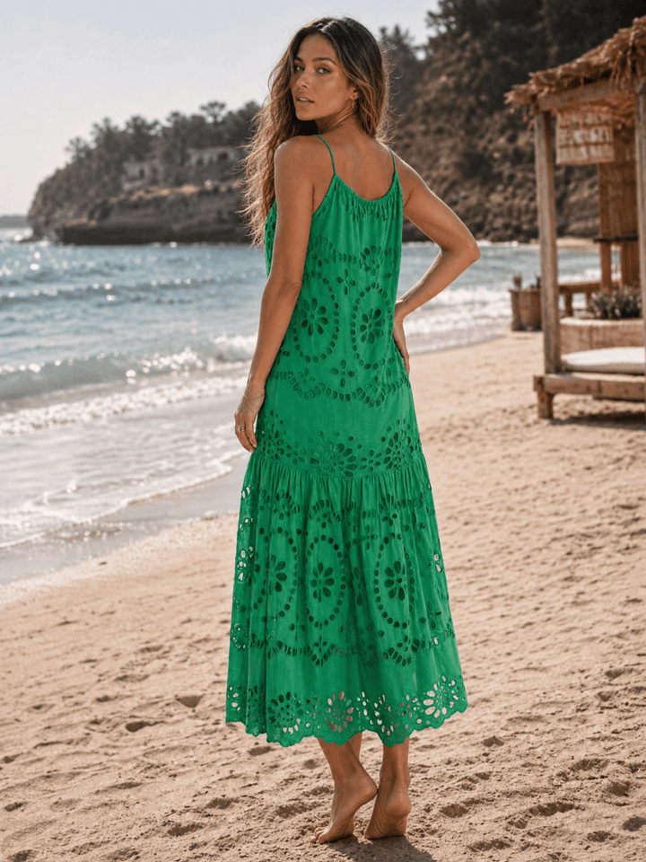 WOMEN'S SLEEVELESS HALTER NECK POCKETS TIERED EMBROIDERY EYELET MAXI DRESS