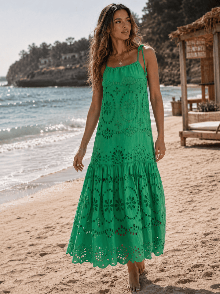WOMEN'S SLEEVELESS HALTER NECK POCKETS TIERED EMBROIDERY EYELET MAXI DRESS