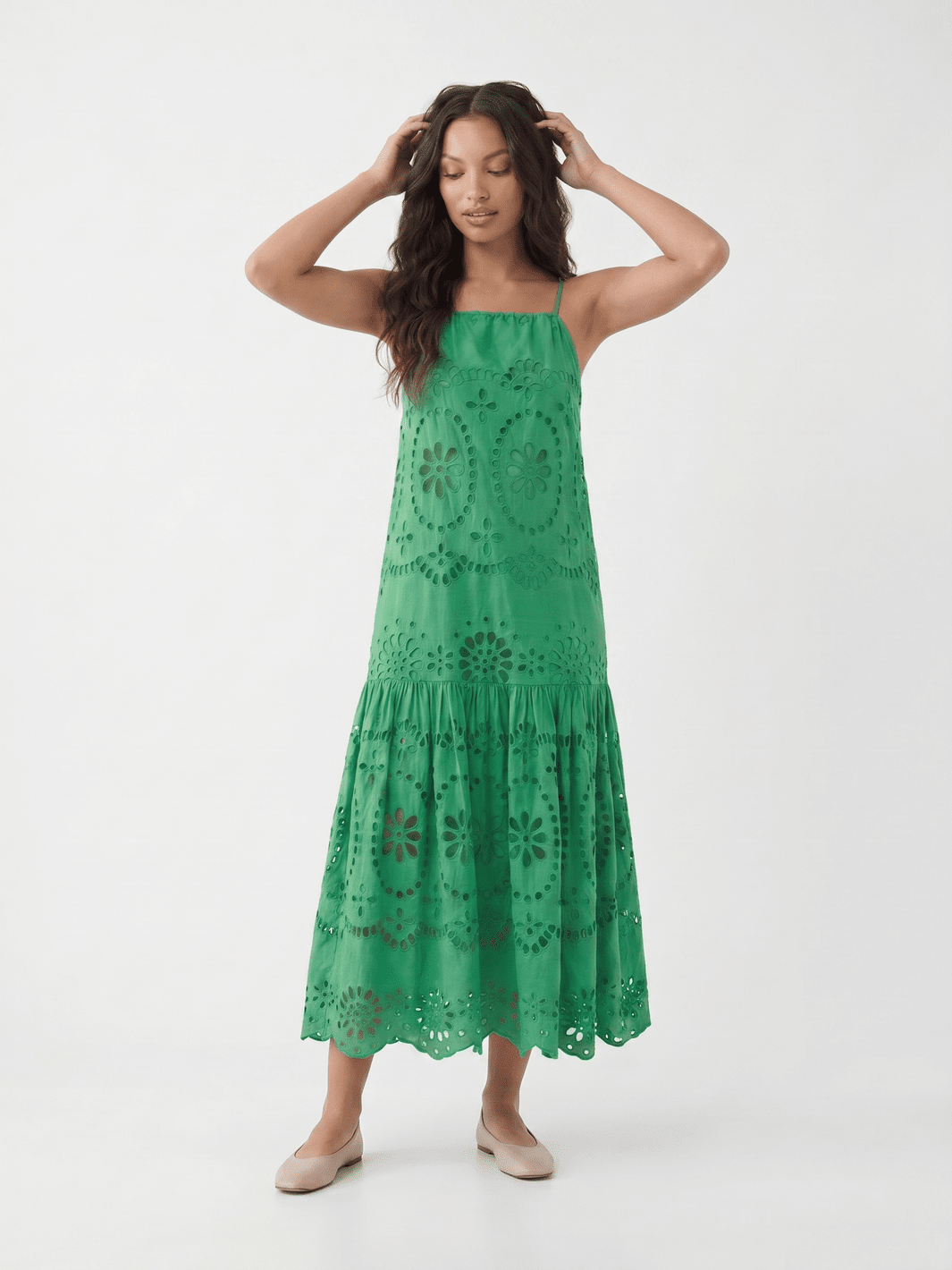 WOMEN'S SLEEVELESS HALTER NECK POCKETS TIERED EMBROIDERY EYELET MAXI DRESS