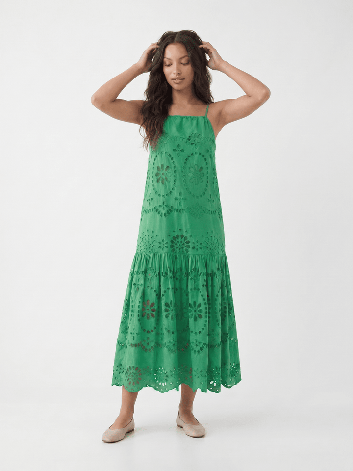 WOMEN'S SLEEVELESS HALTER NECK POCKETS TIERED EMBROIDERY EYELET MAXI DRESS