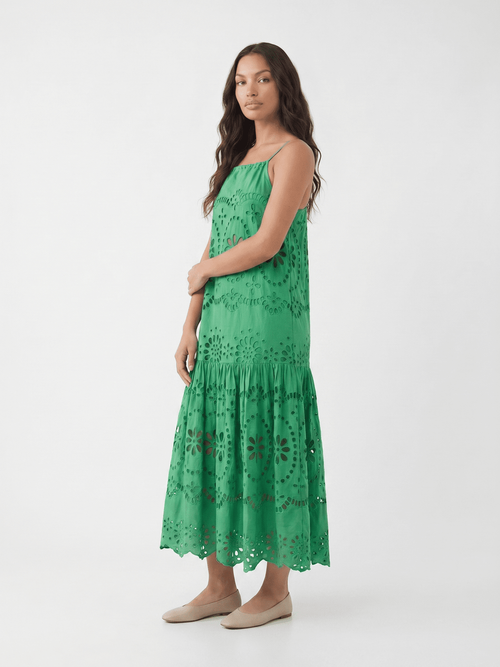 WOMEN'S SLEEVELESS HALTER NECK POCKETS TIERED EMBROIDERY EYELET MAXI DRESS