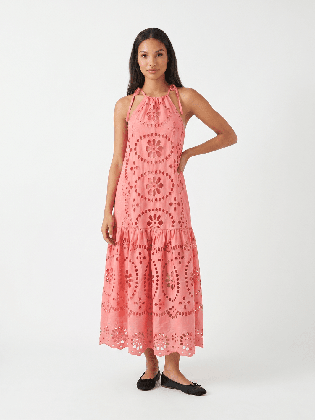 WOMEN'S SLEEVELESS HALTER NECK POCKETS TIERED EMBROIDERY EYELET MAXI DRESS