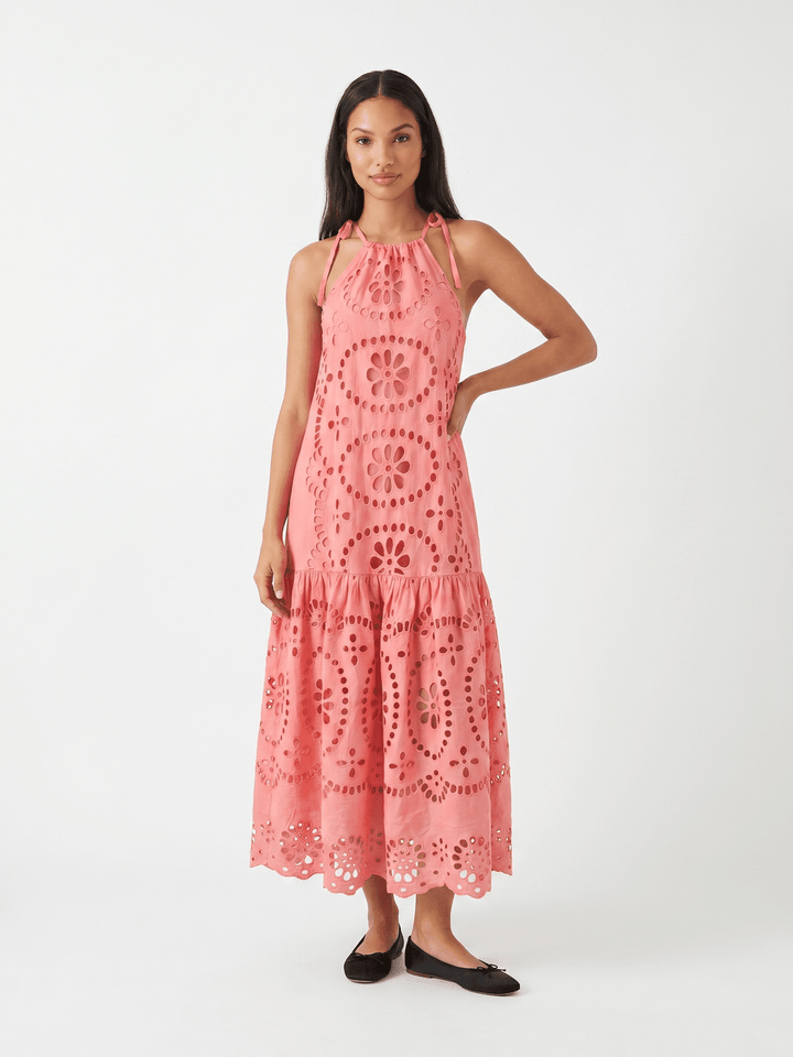 WOMEN'S SLEEVELESS HALTER NECK POCKETS TIERED EMBROIDERY EYELET MAXI DRESS