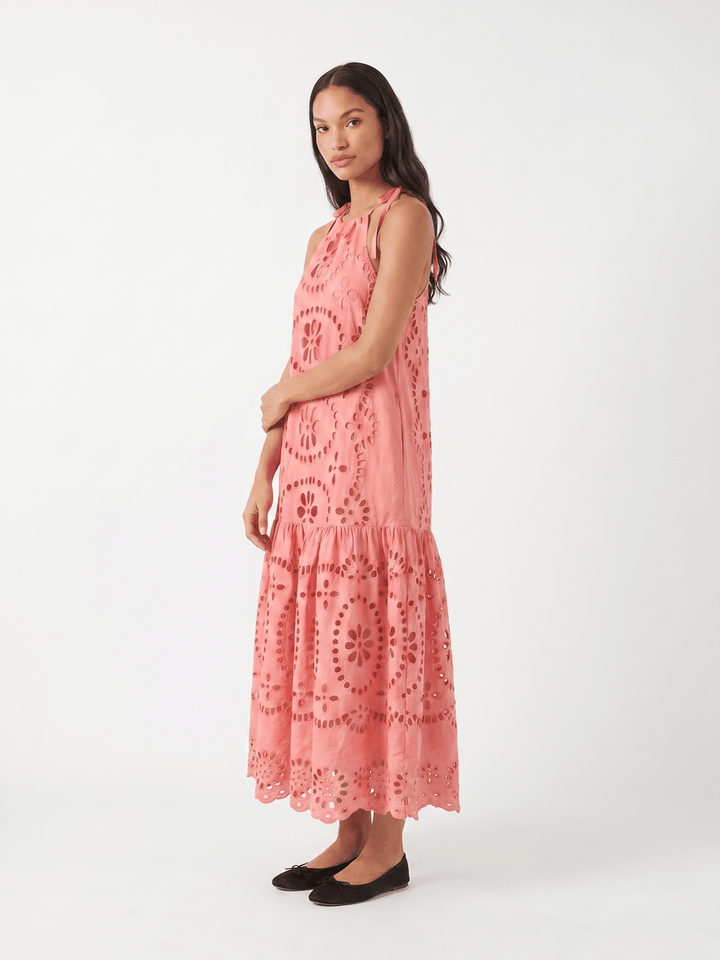 WOMEN'S SLEEVELESS HALTER NECK POCKETS TIERED EMBROIDERY EYELET MAXI DRESS