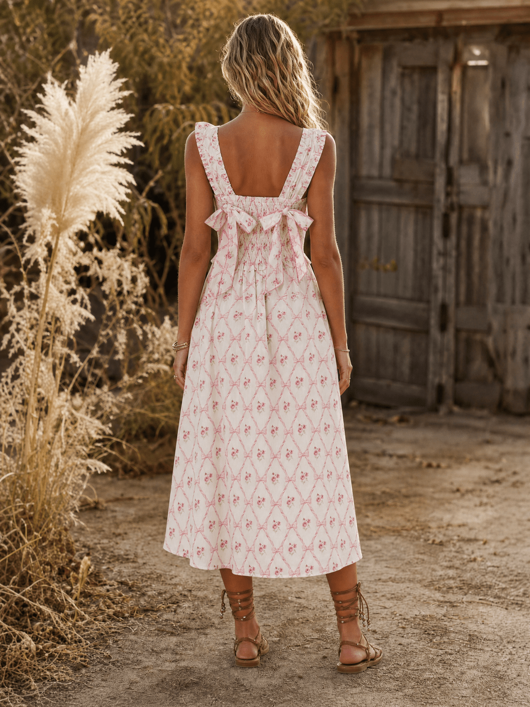 WOMEN'S SLEEVELESS SQUARE NECK SMOCK BOWS FLORAL MAXI DRESS
