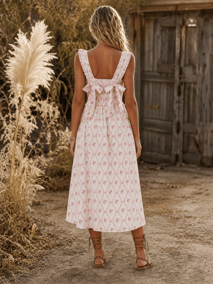 WOMEN'S SLEEVELESS SQUARE NECK SMOCK BOWS FLORAL MAXI DRESS