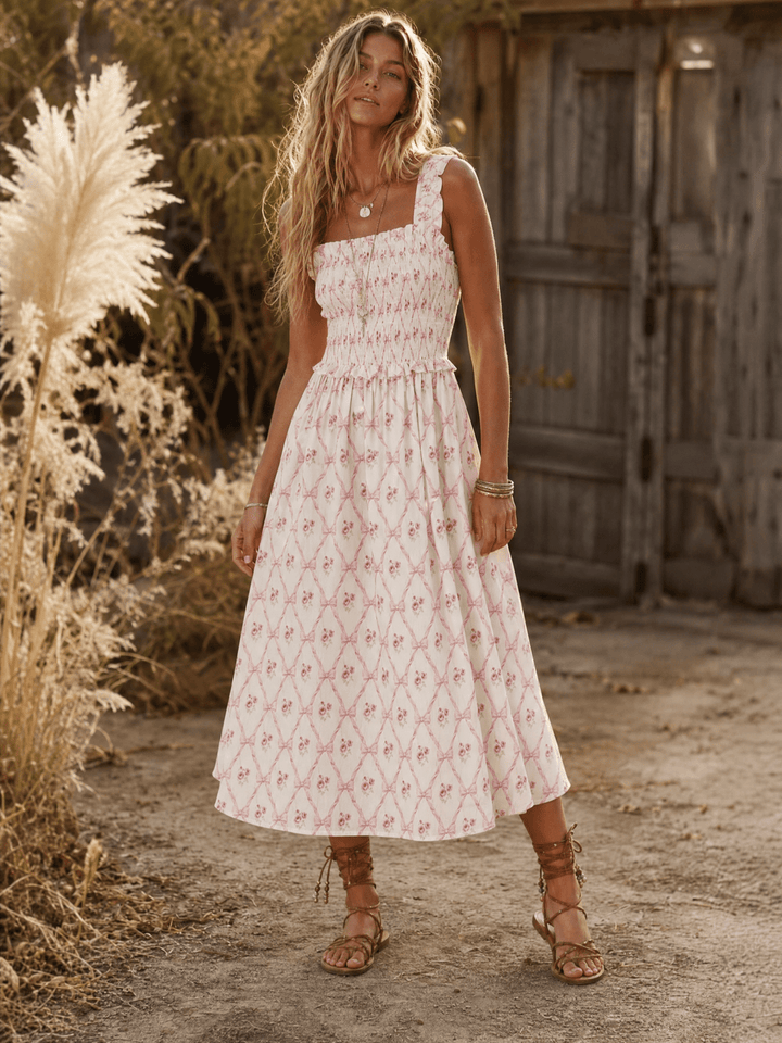 WOMEN'S SLEEVELESS SQUARE NECK SMOCK BOWS FLORAL MAXI DRESS