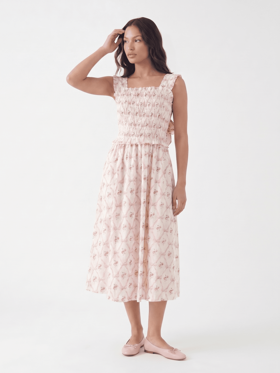 WOMEN'S SLEEVELESS SQUARE NECK SMOCK BOWS FLORAL MAXI DRESS