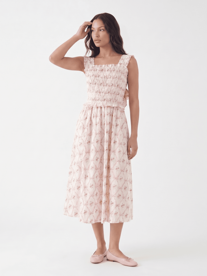 WOMEN'S SLEEVELESS SQUARE NECK SMOCK BOWS FLORAL MAXI DRESS