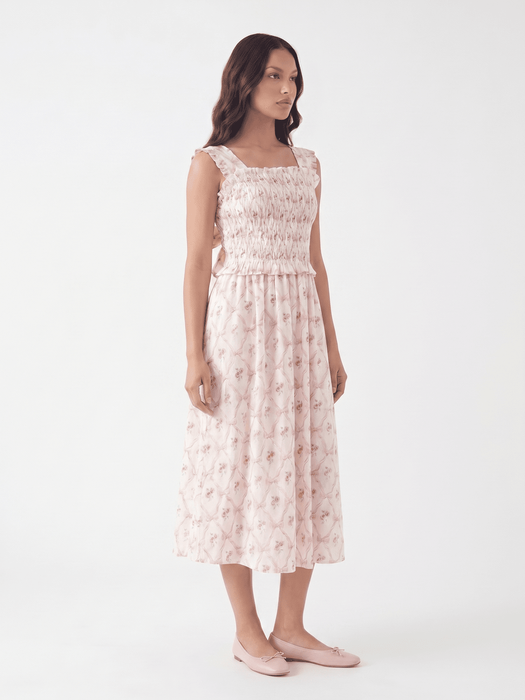 WOMEN'S SLEEVELESS SQUARE NECK SMOCK BOWS FLORAL MAXI DRESS