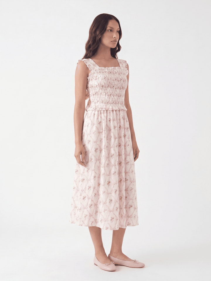 WOMEN'S SLEEVELESS SQUARE NECK SMOCK BOWS FLORAL MAXI DRESS
