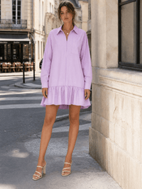 WOMEN'S LONG SLEEVE ZIP UP FRONT POCKETS RUFFLE BOTTOM HEM STRIPES MINI DRESS