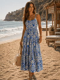 WOMEN'S SLEEVELESS FRONT POCKETS TIERED MULTI PRINT MAXI DRESS